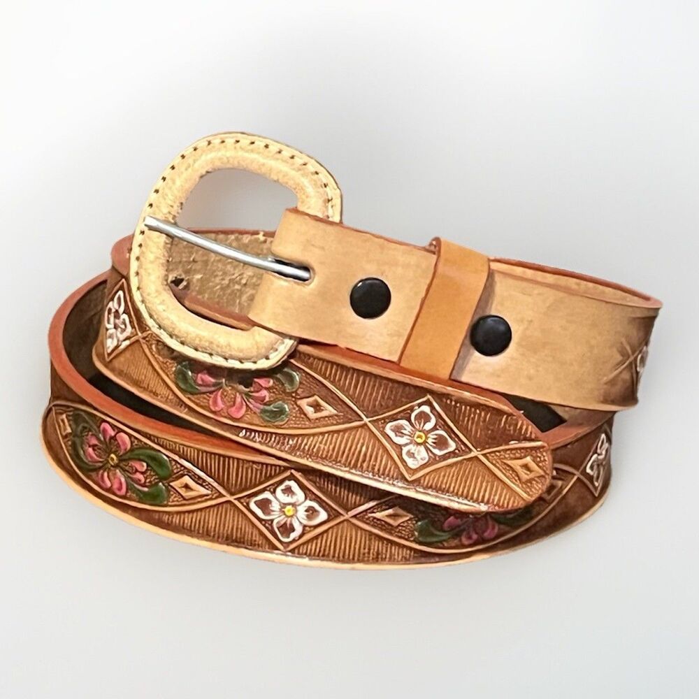 Artisan Crafted Genuine Leather Belt Embossed Floral Design Boho Western Sz 34